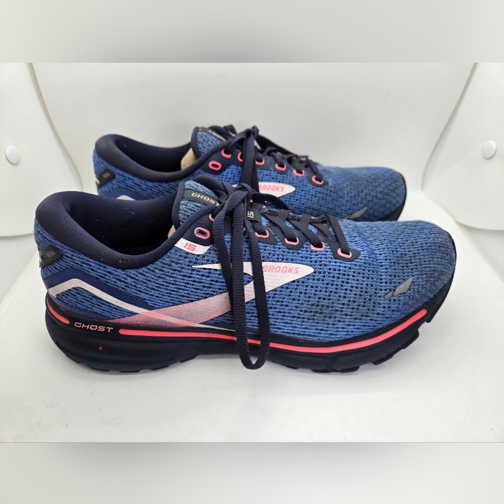 Brooks Ghost 15 Shoes Women's 9.5 B Blue Peacoat Pink Running Athletic Sneakers